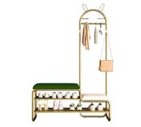 Arbre d'entrée avec banc rembourré, 6 crochets en métal, étagère à chaussures de rangement 4 en 1 et pot de suspension, idéal pour couloir et chambre à coucher (vert, 90 cm)
