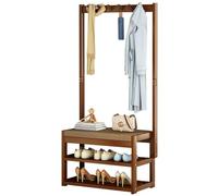Arbre d'entrée élégant en bambou avec rangement pour chaussures et banc rembourré - Porte-manteau d'entrée pour chambre à coucher, couloir, vestibule, nizer peu encombrant pour manteaux et chaussures