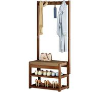 Arbre d'entrée en bambou avec banc à chaussures rembourré, porte-manteau et étagère de rangement, gain de place pour chambre à coucher et vestiaire (60 x 29 x 168 cm)