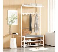 Arbre d'entrée industriel avec crochets amovibles, étagère à chaussures à 2 niveaux et banc, porte-manteau d'entrée et étagère de rangement pour salon, couloir et vestiaire