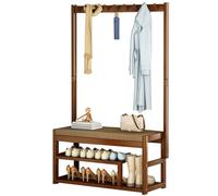 Arbre d'entrée robuste avec banc et 5 crochets, porte-manteau autonome en bois et étagère de rangement à chaussures à 2 niveaux, entrée facile à assembler pour couloir et vestibule
