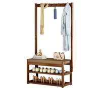 Arbre d'entrée robuste avec banc - Porte-manteau autonome en bois avec 5 crochets, étagère à chaussures à 2 niveaux et étagère pour entrée, assemblage facile, solution de rangement élégante