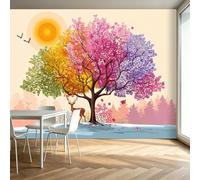 Arbre Des Quatre Saisons Cerf Lune Papier Peint Photo 200 x 140 cm Intissé Murale, Peinture À L’Aquarelle Papier Peint Panoramique Photo Murale Tenture Poster Murales pour Chambre D’Enfant Crèche