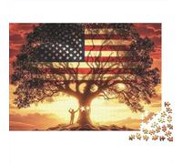 Arbre Drapeau américain, Puzzle 1000 pièces pour Adultes, Arbre Drapeau américain, Coucher de Soleil, Patriotique, Premium épais Robuste Haute qualité Stimulant Difficile Cadeau, 52x38cm/1000pcs