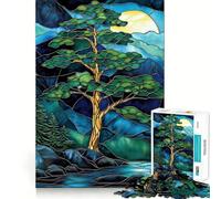 Arbre en vitrail et Lune Puzzle de 1000 pièces pour Adultes Jeu de logique Pure Anti-Stress Découpe Nette Article de Noël Vœux 38x26cm