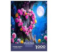 Arbre et Lune et Lapin 1000 Pièces Puzzle Adultes Nuit Florale enchantée Puzzle Carton Extra-épais - Anti-Stress Voyage, Noël Cadeau 12+, Entraînement Cérébral Sympa 52x38cm/1000pcs