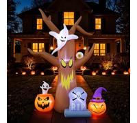 Arbre gonflable effrayant d'Halloween de 2,4 m avec décorations fantômes, citrouille et pierre tombale, avec lumières LED intégrées pour décoration de fête d'Halloween, intérieur ou extérieur, cour