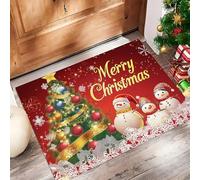 Arbre Noël Paillasson D'Entrée Discret Absorbant - 60 X 90 Cm - Antidérapant - Bonhomme Neige Et Flocons Neige Noël Tapis De Sol pour Entrée d'animaux Domestiques, Cuisine, Salle De Bain - Rouge