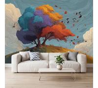Arbre Note De Musique Prairie Papier Peint Photo Intissé 200x140 cm | Pour les Chambres d'enfants Salon, Moderne Surréaliste Musique Art Papier Peint Panoramique Mural