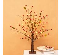 Arbre scintillant avec lumières - Arbre décoratif en fleurs de baies rouges, lampes bonsaï artificielles pour décoration de table de Noël avec 24 perles LED