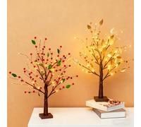 Arbre scintillant avec lumières - Arbre décoratif en fleurs de baies rouges, lampes bonsaï artificielles pour décoration de table de Noël avec 24 perles LED