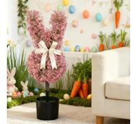 Arbre topiaire en forme de lapin rose avec piquet | Topiaire de lapin artificiel de 74,9 cm avec fleurs roses et nœud crème | Faux buis résistant aux UV pour décoration de Pâques, jardin de printemps