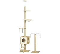Arbres à chat - PawHut - lot de 2 sol au plafond réglable 225-285 cm 4 niveaux niche hamac échelle - peluche - beige