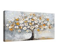 Arbres en Fleurs Blanc Or Impression sur Toile Cadre en Bois Tableau Arbre de Vie Floral Affiche Decoration Murale Abstrait Peinture sur Toile Tableau Decoration Murale Salon Chambre Hôtel 50x100cm