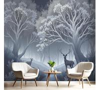 Arbres Et Cerfs Papier Peint Décoratif, La Faune Sauvage Dans La Forêt Brumeuse Papier Peint En Soie, Convient Pour Les Salons, Les Chambres, Salles Bains Murs Bureaux Gris 350×256 Cm