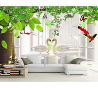 Arbres Feuilles Vertes Fleurs Oiseaux Cygnes Papier Peint 3D Installation Facile Intissé Tapisserie Bureau Salon Canapé Chambre Décoration Murale-200cm×140cm