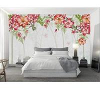 Arbres Feuilles Vertes Fleurs Roses Oiseaux Papier Peint 3D Installation Facile Intissé Tapisserie Bureau Salon Canapé Chambre Décoration Murale-150cm×105cm