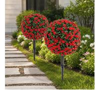 Arbres topiaires artificiels roses rouges réalistes - Lot de 2 décorations pour intérieur/extraérieur - Fleurs en PE feuillage