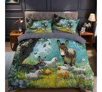 Arbres Verts Parure de Lit 220 x 240 cm Petit âne Coq Microfibre 3D Ensemble de Housse de Couette avec 2 Taies d'oreiller pour 2 Personnes, Hommes et Femmes