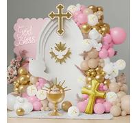 Arc Ballons décoration communion fille garçon Décoration de baptême fille garçon avec grande croix dorée et colombe blanche. Ballons pour communion et baptême pour garçons. Cadeaux pour célébration