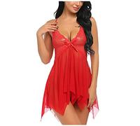 Arc Col en V Lingerie Flirty Dentelle Lingerie de Charme Volants Halter Vêtements de Nuit Classique avec Dentelle Robes Confortables Perspective Sexy Cadeau Romantique Entre Couples Doux, rouge, XXXL