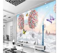 Arc En Ciel Ballon Nuages Blancs Papillon Château Papier Peint 3D Installation Facile Intissé Tapisserie Bureau Salon Canapé Chambre Décoration Murale-250cm×170cm