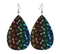 Arc-en-ciel patte empreinte Animal motif balancent cuir Clip sur boucles d'oreilles Faux PU léger larme goutte pour les femmes