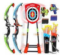 Arc et flèche pour Enfants avec Lumières LED, Ensemble de tir à l'arc Comprenant avec 2 Arcs, 1 Cible Debout, 20 Flèches, 2 Pistolets à Flèches en Mousse et 2 Carquois, Jouets pour 4-12 Garçon Fille