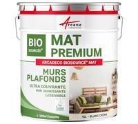 ARCANE INDUSTRIES Peinture Mat Mur et Plafond, biosourcée - Peinture Chambre, Salon, pièces à Vivre - 10 L (+ ou - 120m² par Couche) Blanc Crème - RAL 9001