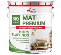 ARCANE INDUSTRIES Peinture Mat Mur et Plafond, biosourcée - Peinture Chambre, Salon, pièces à Vivre - 2.5 L (+ ou - 30m² par Couche) Blanc