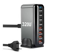 ARCELI Chargeur USB C 320W 8 Ports, GaN III Station de Charge, Chargeur USB c avec 4xUSB-C PD + 4xUSB-A QC4.0, Chargeur Rapide pour Phone 16/15/14 Pro Max, Samsung Galaxy, MacBook, Pad, Laptop