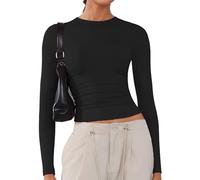 ARCFEETORY Hauts à manches longues et doux pour femme - Col ras-du-cou - T-shirts basiques - Débardeurs amples pour sortir - T-shirts Y2K à coupe ajustée, Noir/blanc, L