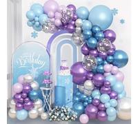 Arch Frozen Ballon Kit Bleu Violet Congelé, 115 Pièces Latex Ballon Frozen Bleu Blanc avec Flocon Argent Confettis, Métallique Violet Helium Balloons pour Décoration Anniversaire Princesse Winter Fête