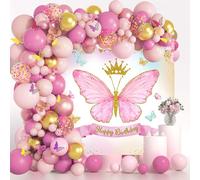 Arche Ballon Anniversaire Rose Or, 100pcs Kit Guirlande Ballon Rose Gold avec Autocollant Toile de Fond Papillon, Décoration Anniversaire Princesse pour Anniversaire Papillon Fille Fête Thème Papillon