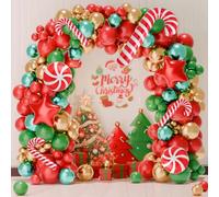Arche Ballon Noël Vert Rouge Or - Kit 151pcs Guirlande avec Ballons en Aluminium, Canne à Sucre, Étoile, Bonbon - Décoration pour Fête Nouvel An
