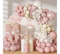 Arche de ballons rose poudré avec perles - Guirlande de ballons bohème à double rembourrage rose poudré blanc nacré neutre pour mariage, fiançailles, fête prénatale, fête prénuptiale, fête