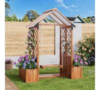 Arche de Jardin en Bois Massif avec 2 Jardinières et Banc Intégré, Pergola pour Rosiers et Clématites, Support Robuste pour Plantes Grimpantes, Décoration Jardin Exterieur (Naturel-1)