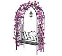 Arche de jardin noire avec banc en métal pour plantes grimpantes, décoration de pelouse extérieure, 114 x 210 x 50 cm, parfaite pour l'aménagement paysager et le soutien des plantes