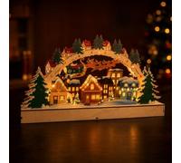 Arche lumineuse LED de Noël, 38 cm, à piles, en bois | Arche à bascule illuminée village d'hiver avec maisons colorées et sapins, lumière chaude pour rebord de fenêtre