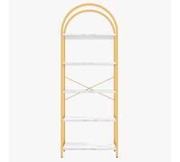 Arched Tall Bookshelf - Modern Industrial 5-Tier Open Bookcase - Gold Metal Frame, White Marble Veneer, Freestanding Display & Storage Shelf for Home Office, Living Room, Bedroom - Gold iron frame +