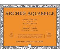 Arches 1795087 Bloc de 20 feuilles de papier aquarelle (31 x 41 cm, encollé sur les 4 côtés, grain grossier 300 g/m²), blanc naturel