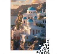 Architecture Blanche Méditerranéenne Puzzle 1000 Pièces Papier pour Adultes Vue Côtière au Soleil Couchant Concentration Détente Cadeau Décor Maison 38x26cm/1000pcs