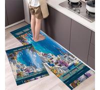 Architecture D'Anime Lot de 2 Tapis Cuisine antidérapants, Fenêtre Bois avec Vue sur La Mer Absorbe l'eau l'huile, Bleu Clair Résistant à la poussière Tapis Cuisine pour l'intérieur - 50x80+50x120cm