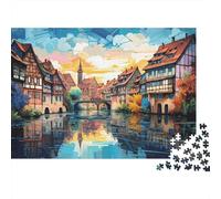 Architecture européenne Historique sur Rive Puzzle 1000 Pièces Papier Puzzle pour Adultes Scène Coucher de Soleil Détente Famille Décor Cadeau 38x26cm/1000pcs