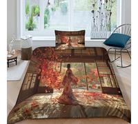 Architecture japonaise, jeune fille feuilles d'érable tourbillonnantes Housse Couette Ado Adulte Taie D'oreiller,3 Pièces Parure Microfibre Avec Fermeture Éclair,3D Imprimé Motif Single（135x200cm）