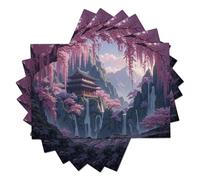 Architecture rétro Lot de 8 Sets de Table, 30x45cm Falaise du Temple des cerisiers en Fleurs Banquet Sets de Tables Lavables Nappe de Table pour Cuisine, fête, décoration Rose