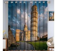 Architecture Rétro Rideaux Opaques Microfibre - La Tour Penchée Pise Occultants À Isolation Thermique pour Salon Chambre - Beige Décoration Intérieure avec Œillets - L70×H160Cm (2 Panneaux)