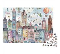 Architecture Urbaine Dessin à la Main Puzzle 1000 Pièces Papier Puzzle pour Adultes Montgolfière Vintage Détente Décoration Maison 38x26cm/1000pcs