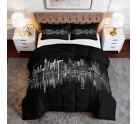 Architecture Urbaine Noir Blanc Scène Nocturne Couette 2 Personne 4 Saisons 260 x 240 cm - Édredon Réversible et Moelleux Moderne - Couvre-lit Hypoallergénique - Ensemble de Literie Douce Respirante