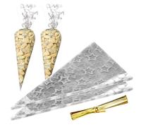 Arcjunys Lot de 50 sacs en forme de cônes de bonbons et attaches transparents avec attaches - 17 x 30 cm - En plastique - Pour bonbons, biscuits, présentation et emballage